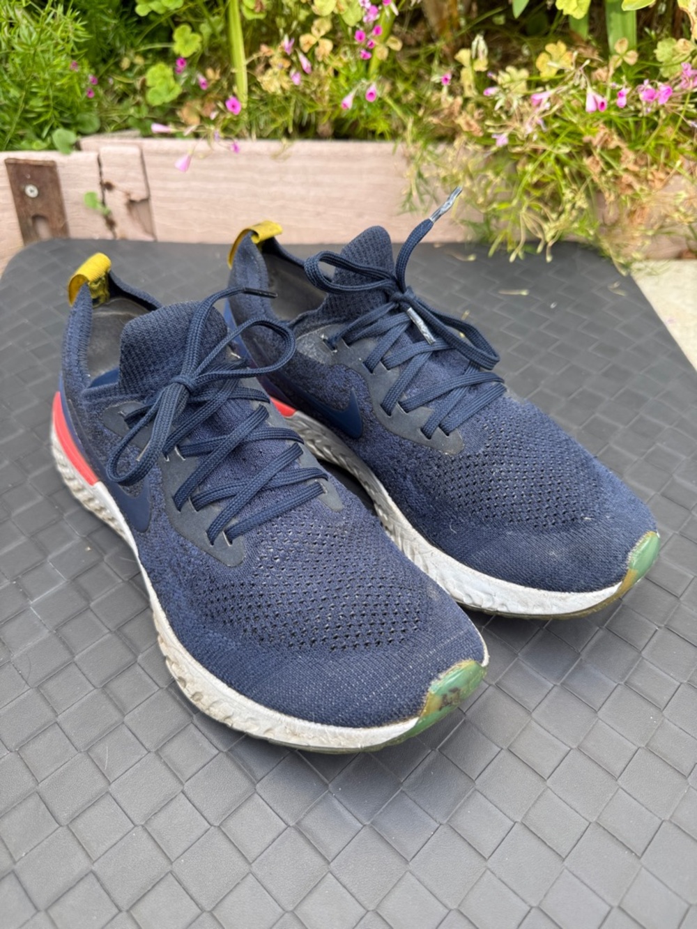 Nike epic react Women's Navy Knit Sneakers with coral Heel and Yellow Pull Tabs